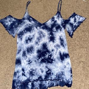 Open shoulder navy blue and white bleached blouse